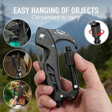 Six In One Multitool Carabiner With Pocket Knife And Bottle Opener, shown in hand, highlighting convenience and multiple uses.
