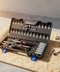 51 Piece Ratchet Socket Set With Multiple Sockets, Adjustable Tension Wrench, Handy Case, displayed open on wooden surface