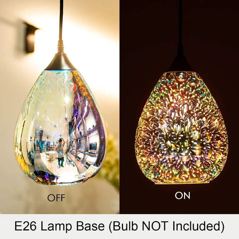 Colorful Glass Pendant Light For Kitchen Island 1 Pack Dope Modern 3D Hammered Glass Globe With Clear Shade, light off and on display.
