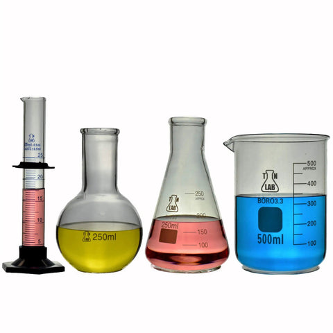 Four Piece Pro Grade Borosilicate Glassware Kit With Beakers, Flask, And Cylinder For Lab Use, Heavy Wall 500Ml Beaker With Pouring Spout