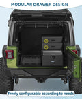 Modular Overland Rugged Drawer Toolbox For Jeep Wrangler JK JL Unlimited 4 Door And Ford Bronco 4 Door With Cargo Drawer System One Piece Storage Organizer For Gear And Tools installed in vehicle