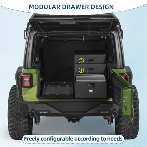 Modular Overland Rugged Drawer Toolbox For Jeep Wrangler JK JL Unlimited 4 Door And Ford Bronco 4 Door With Cargo Drawer System One Piece Storage Organizer For Gear And Tools installed in vehicle