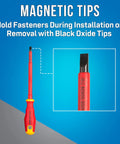 11 Piece Insulated Tool Kit With Phillips 1, 2, And 3 Drivers, Slotted Drivers, Insulated Pliers, And Wire Stripper For Electrical Work, Includes Three Slotted Tip Sizes, Meets IEC 60900 And ASTM F1505 Standards, Red. Close-up of screwdriver with magnetic black oxide tip.