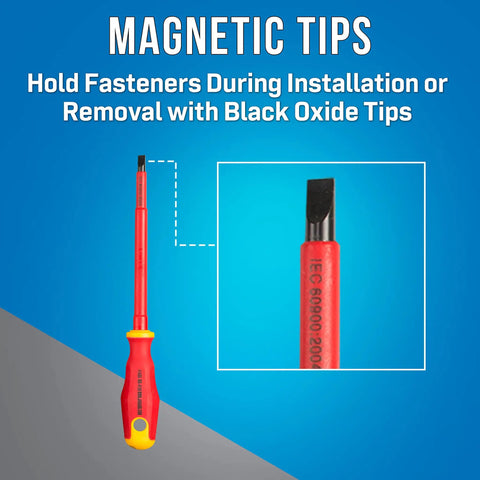 11 Piece Insulated Tool Kit With Phillips 1, 2, And 3 Drivers, Slotted Drivers, Insulated Pliers, And Wire Stripper For Electrical Work, Includes Three Slotted Tip Sizes, Meets IEC 60900 And ASTM F1505 Standards, Red. Close-up of screwdriver with magnetic black oxide tip.