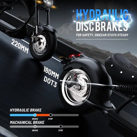 Close-up of hydraulic disc brakes on the Blazing Fast 4000 Watt Electric Bike With 60 Volt Battery and Badass Removable Sidecar.