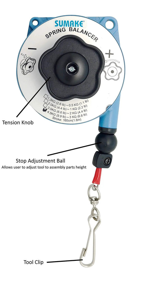 Spring Balancer Tool Balancer 2.2-4.4 Lb Capacity, 5.2 Ft Cable Travel, showing tension knob, adjustment ball, tool clip