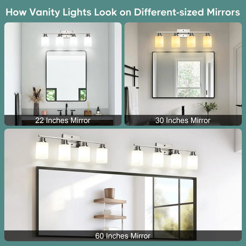 Legit Top Tier Four Light Vanity Mirror Fixture Featuring Brushed Nickel Wall Sconces On 22, 30, And 60 Inch Mirrors in Different Settings.