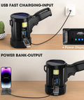 Rechargeable Spotlight 2,000,000 Lumens Handheld LED Flashlight with USB and solar charging next to smartphone on table