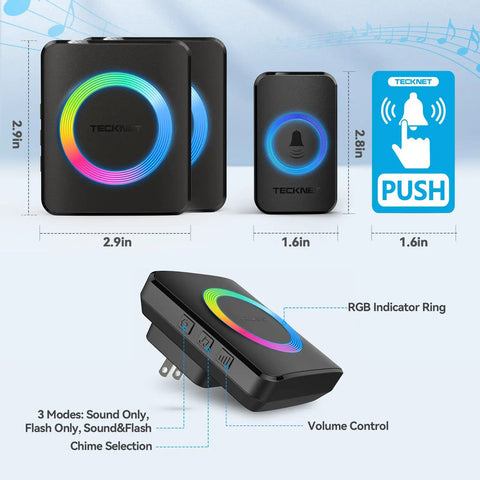 Wireless Doorbell Kit With Two Plug-In Receivers, IP65 Waterproof, 1300ft Range, 60 Melodies and 5 Volume Levels, RGB Light