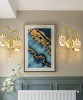 Modern Double Head LED Wall Sconce Rock Solid Hardware Body and Prismatic Crystal Details, elegant gold frame with textured glass.