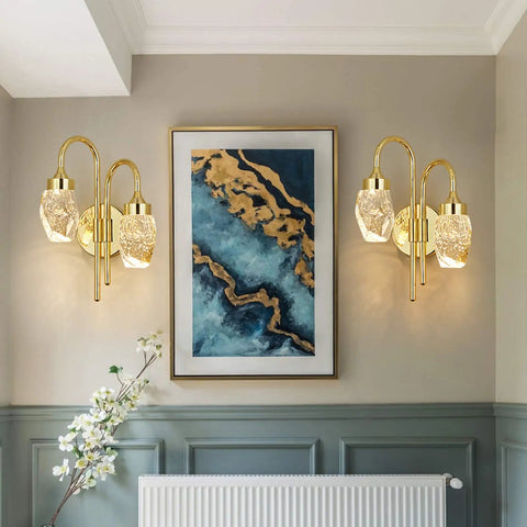 Modern Double Head LED Wall Sconce Rock Solid Hardware Body and Prismatic Crystal Details, elegant gold frame with textured glass.