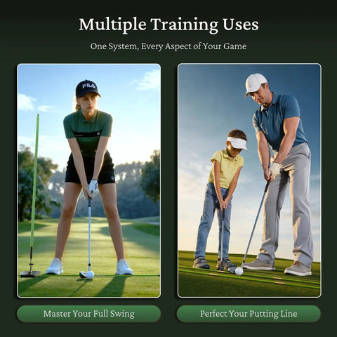 Two golfers using Golf Alignment Sticks Holder With Angle Adjustment And Detachable Rods for swing and putting practice.