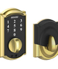 Camelot Touchscreen Electronic Deadbolt Lock With Keyless Entry And Bright Brass Finish For Front Doors, side and front view
