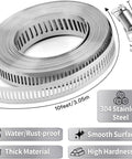 Roll of 304 stainless steel hose clamps, 10 ft long, worm-gear band, cut-to-fit for pipes, ducts, or tubes.