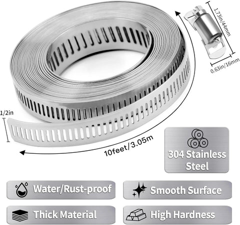 Roll of 304 stainless steel hose clamps, 10 ft long, worm-gear band, cut-to-fit for pipes, ducts, or tubes.