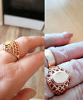 Fresh Rose Gold Oval Mesh Statement Ring For Women Featuring Sleek Polished Surface And Dope Openwork Grid Band. Ring on hand.