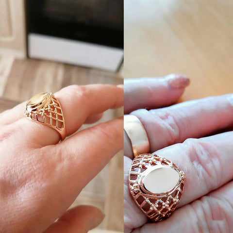 Fresh Rose Gold Oval Mesh Statement Ring For Women Featuring Sleek Polished Surface And Dope Openwork Grid Band. Ring on hand.