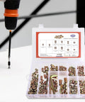High Performance Threaded Screw Inserts For Wood Featuring Quick Hex Socket Connectors Dead Nuts Secure Furniture Hardware No Stress Diy Build Supplies in a clear storage case.