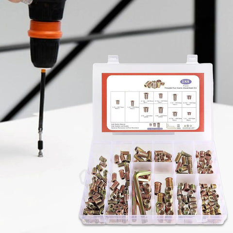 High Performance Threaded Screw Inserts For Wood Featuring Quick Hex Socket Connectors Dead Nuts Secure Furniture Hardware No Stress Diy Build Supplies in a clear storage case.