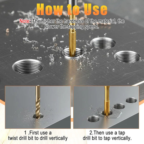Pro Grade 4 Piece Metric Tap And Drill Bit Set demonstrating how to use M3 x 0.5 tap and 2.5mm drill bit on metal surface