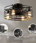 19.68 Inch Caged Ceiling Fan With Lights For Bedroom And Kitchen, featuring black cage design, enclosed blades, and built-in lights.
