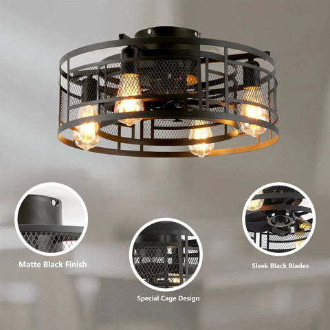 19.68 Inch Caged Ceiling Fan With Lights For Bedroom And Kitchen, featuring black cage design, enclosed blades, and built-in lights.