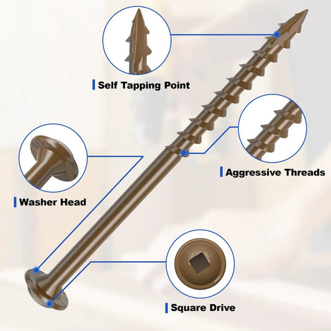 Diagram of a 1 1/4 Inch Coarse Thread Pocket Hole Screw featuring washer head, square drive, brown with corrosion resistant coating