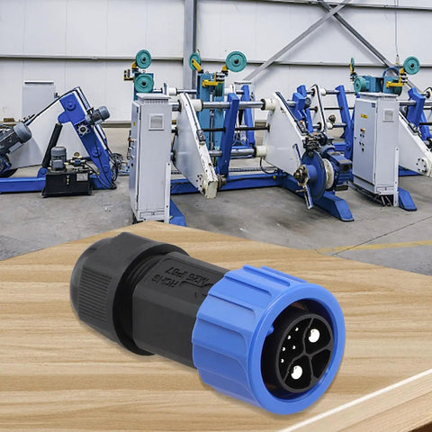 Beast Mode Waterproof M23 Connector With IP67 Rating For Outdoor Motorcycle And Ebike Charger Sockets Featuring Male Plug Design on wooden table.