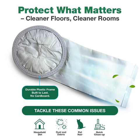 High Efficiency Replacement Vacuum Bags For ProTeam 6QT Commercial Backpack Vacuums, 50 Pack, Part 100431 shown with durable frame