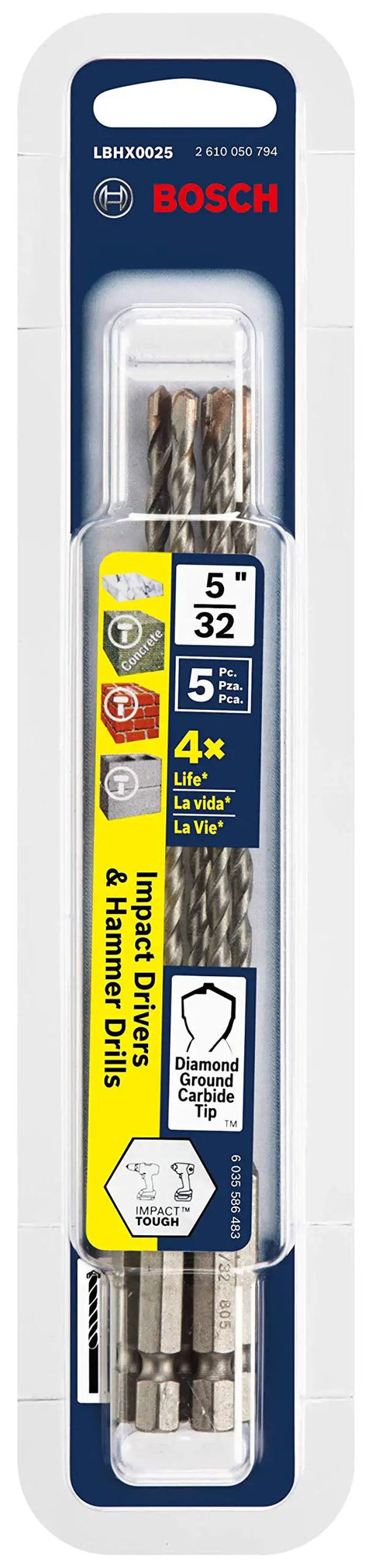 Five Piece 5/32 Inch By 6 Inch Hex Shank Hammer Drill Masonry Bits Set With Carbide Tips For Fast Material Removal And Long Life