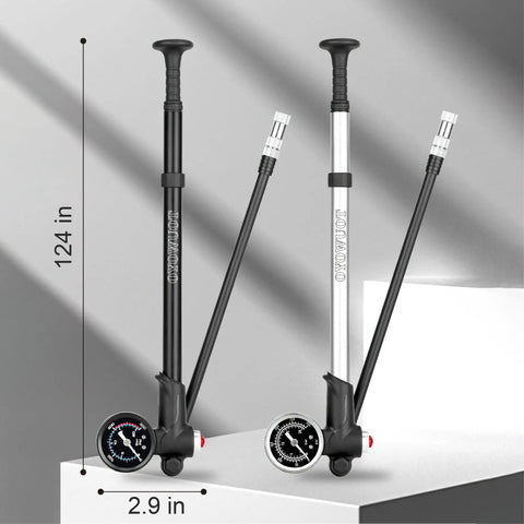 Two High Pressure Shock Pumps 300 Psi With Gauge for MTB, black and silver, 124 in, 2.9 in base, on a white platform.
