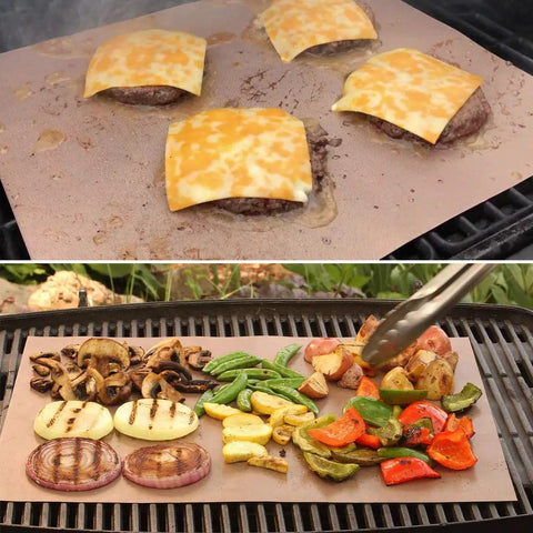 Copper Grill Mats Set Of 5 Nonstick Reusable BBQ Mats For Electric Gas Charcoal Grills Grilling Made Easy With Simple Clean As Seen On TV 15.75 Inch By 13 Inch Outdoor Grill Accessories in use with vegetables and burgers with cheese