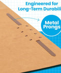 Close-up of No Sweat Manila File Folders with metal prongs, showing durability and 2 fasteners for secure paper storage.