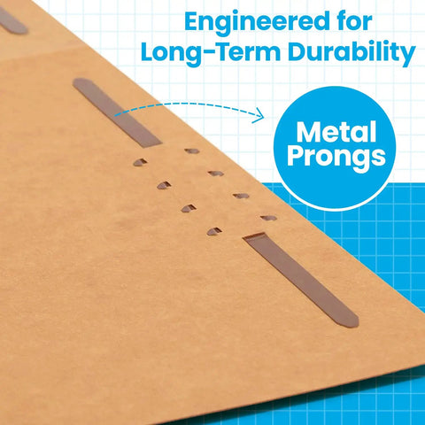Close-up of No Sweat Manila File Folders with metal prongs, showing durability and 2 fasteners for secure paper storage.