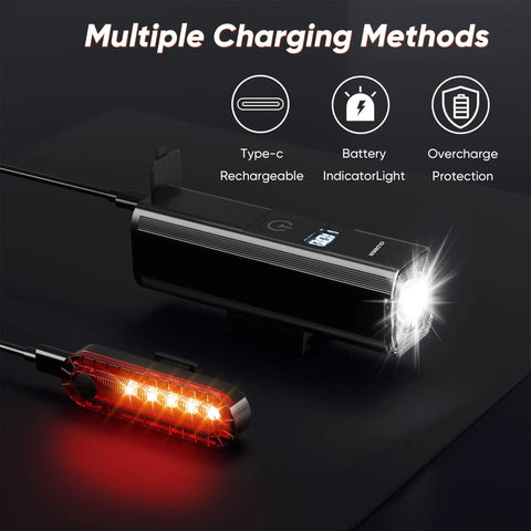 Beefed Up 1200 Lumen Bike Light Set With Front Headlight And Rear Taillight, Rechargeable 6000mAh Battery, Aluminum Build, Waterproof IPX4, LED Display, 6 Quick Modes Plus 4 Flash Modes For Night Riding