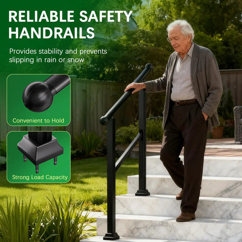 Built Tough Metal Handrail Kit With Fade Proof Finish And Fully Adjustable Height For Secure Outside Porch Deck Balkony Projects, supporting an elderly man on marble steps.
