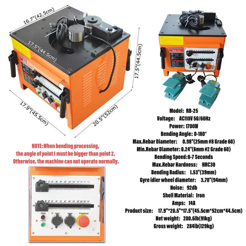 1700W Electric Rebar Bender With Foot Switch Heavy Duty Steel Bar Crimper For Up To 180 Degrees Quiet Copper Motor And No Sweat Operation 110V job site powerhouse setup showing control panel and pedal switches.