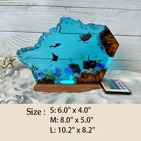Multicolor Epoxy Resin Wood Lamp In Wave Shape, Handmade Ocean Themed LED Night Light with sea diver and turtle decor
