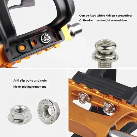 Toe Clip Pedal Cage With Straps showing anti-slip nuts, screws, and adjustable nylon straps details for secure grip on bikes