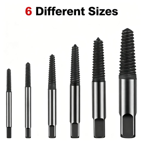 Top Rated 6-Piece Screw Extractor Set Made From Heavy Duty Carbon Steel. 6 sizes of screw extractors shown