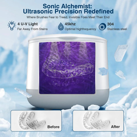 Ultrasonic Cleaner For Dentures Braces Mouth Guards And Jewelry With 45kHz Triple Phase Purification Four Modes To Slam Coffee Stains And Grime Sonic UV Boost For Fresh Clean Appliances, 304 stainless steel