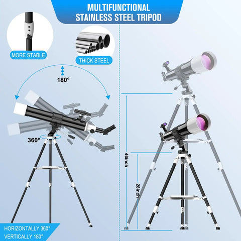 High Powered 80mm 900mm Refractor Telescope For Adults With 36-270x Magnification and AZ Mount on steel tripod