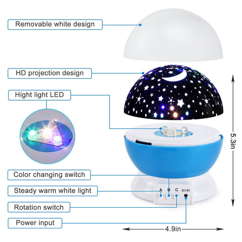 Awesome Kids Night Light Moon And Star Projector With 360 Degree Rotation 4 LED Bulbs shown with removable dome and switches.