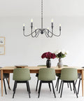 Dining room with Six Light Farmhouse Chandelier Matte Black Classic Candle Ceiling Fixture For Dining Room Living Room Kitchen Island Bedroom Foyer Rustic Pendant Lighting 35 Inch Diameter hanging above table