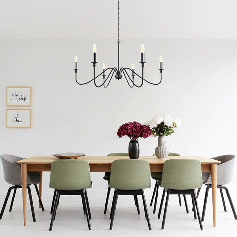 Dining room with Six Light Farmhouse Chandelier Matte Black Classic Candle Ceiling Fixture For Dining Room Living Room Kitchen Island Bedroom Foyer Rustic Pendant Lighting 35 Inch Diameter hanging above table
