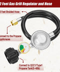 Two Foot Propane Hose With Regulator And Gauge, Universal Gas Grill Regulator With Three Eighths Inch Female Flare, brass fittings