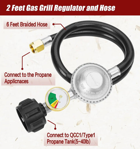 Two Foot Propane Hose With Regulator And Gauge, Universal Gas Grill Regulator With Three Eighths Inch Female Flare, brass fittings