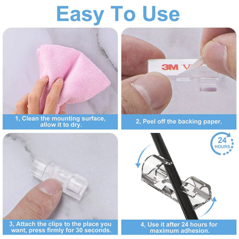 Clear Adhesive Cable Clips Set of 40 Medium Size No Drill Needed, Upgraded Wire Holders for Wall Desk Car PC and Christmas Lights installation steps