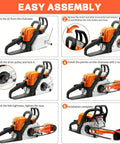 Instruction steps for installing Log Peeler Debarker Attachment For Chainsaws shown on Husqvarna with assembly steps.