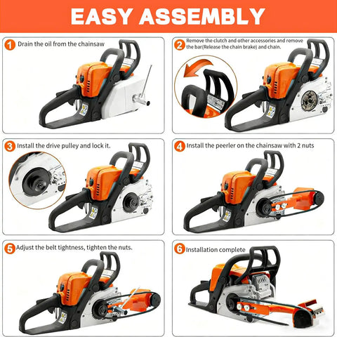 Instruction steps for installing Log Peeler Debarker Attachment For Chainsaws shown on Husqvarna with assembly steps.